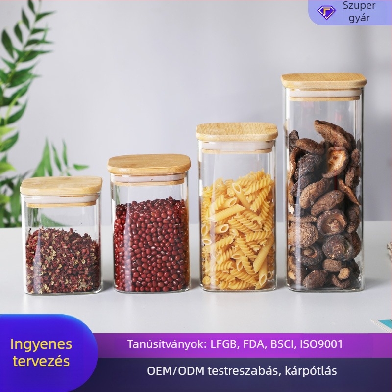 Négyzet alakú zárható üvegtároló, élelmiszer-minőség, konyhai tárolásra, diófélék, gabonafélék és tea