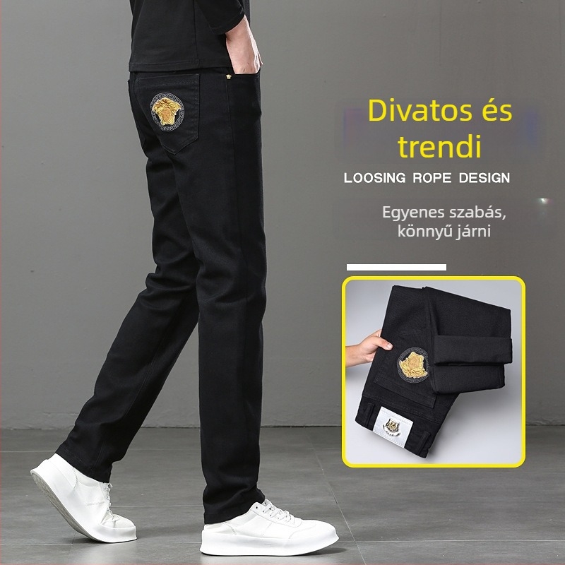 Férfi egyenes szárú, rugalmas denim farmernadrág, Slim-Fit, fekete, stone-washed, öt zseb, középmagas, mindennapi viselet