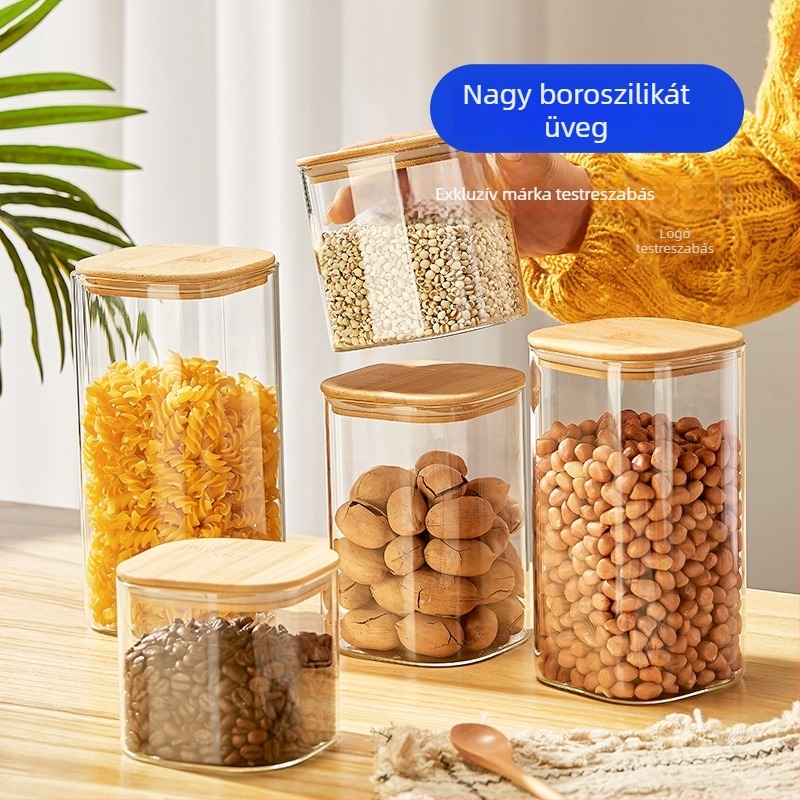 Négyszögletes üvegtároló edény bambuszfedővel – élelmiszer-minőség, átlátszó, konyhai tároláshoz