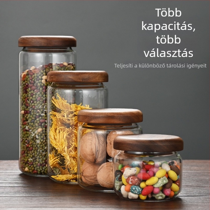Akácfa fedelű boroszilikát üveg tároló, zárható konyhai edény, 301–500 ml