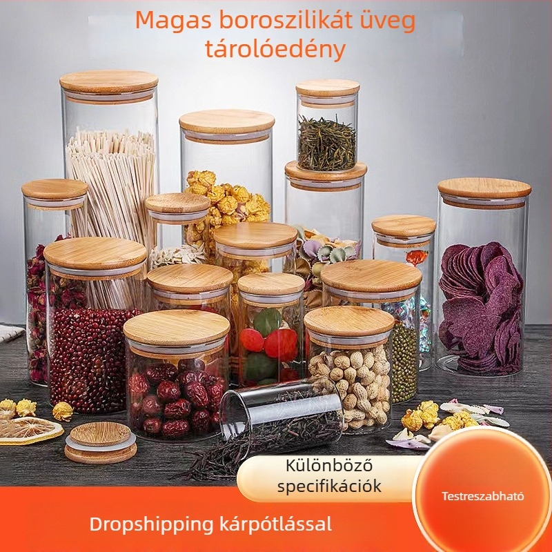 Boroszilika üveg tároló bambusz fedővel, hengeres teás tároló, nagy kapacitású, légmentesen záródó, átlátszó konyhai nassolnivaló tároló
