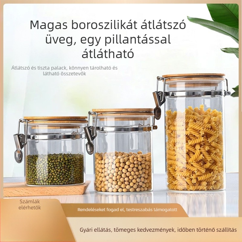 Átlátszó üveg csattal záródó tárolóedény a konyhába – gabonák, diófélék, rágcsálnivalók és kávébabok tárolására