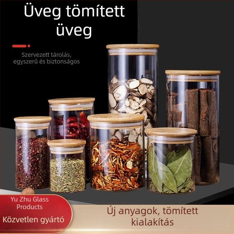 Átlátszó kerek üveg tároló bambuszfedővel, szemcsékhez, teához és szárított mandarinhéjhoz, legfeljebb 300 ml