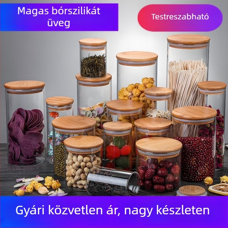 Magas boroszilikát üveg bambusz fedéllel zárható, teás üveg, átlátszó tároló gabonafélékhez és édességekhez.