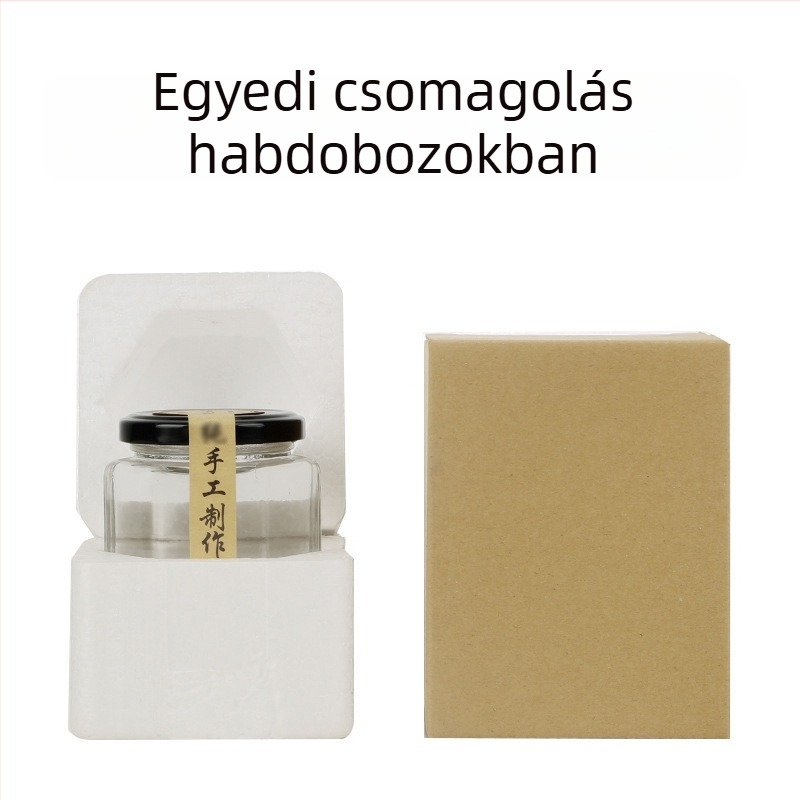 Zárt hatszögletű üveg mézhez, áttetsző zselatinos lekvár- és dzsemüveg, méz adagolóüveg