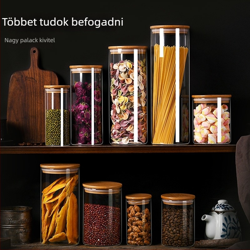 Üveg hengeres, zárható tárolóedény, élelmiszer-minőségű, gabonák és tea tárolására