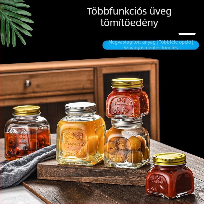 Zárható négyszögletes üveg tárolóedény lekvárokhoz, savanyúságokhoz és szószokhoz, 301–500 ml