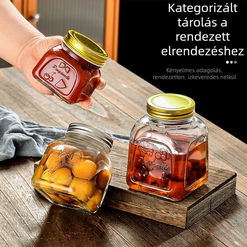 Zárható négyszögletes üveg tárolóedény lekvárokhoz, savanyúságokhoz és szószokhoz, 301–500 ml