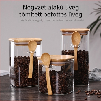 Négyszögletes zárható üveg tároló kanállal – átlátszó edény élelmiszerek, tea, szárított gyümölcsök és kávébabok számára
