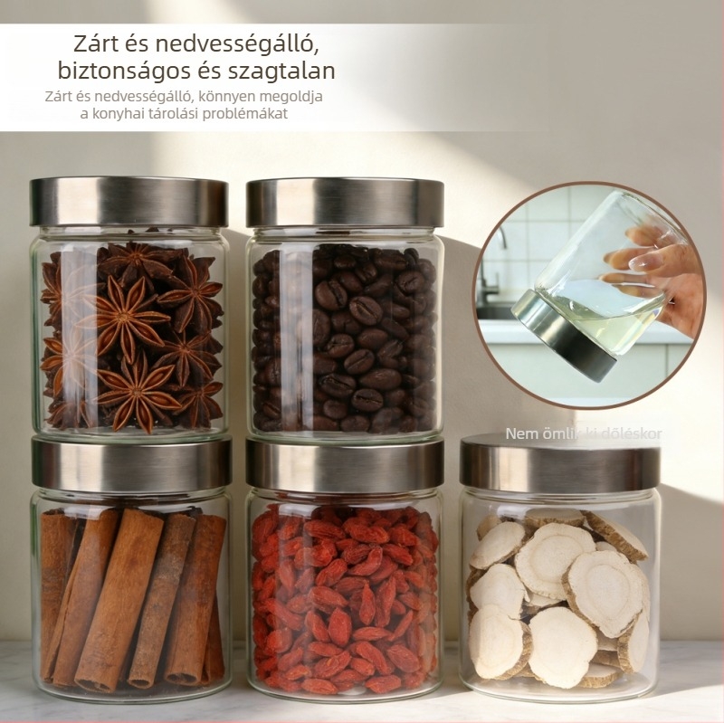Magas boroszilikát-üvegből készült tároló edény légmentesen záró fedéllel, 301–500 ml, hő- és hidegálló, modern minimalista konyhai dizájn.