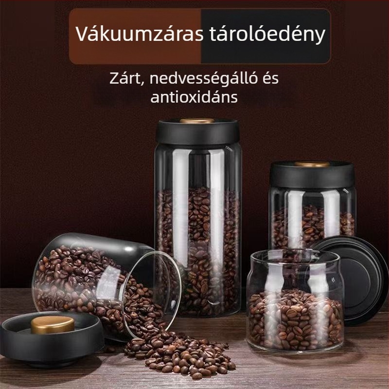 Üvegből készült tároló kávébabokhoz — nedvességálló, vákuumzáras, átlátszó tea- és kávétároló