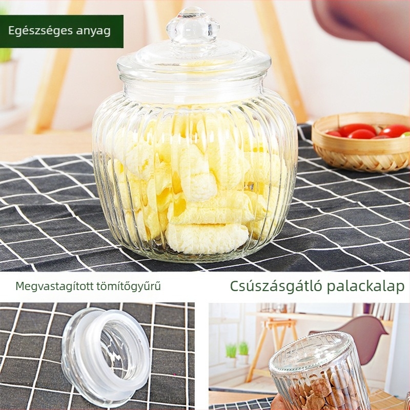 Üveg tárolóedény zárható kupakkal teához, savanyúsághoz, élelmiszerhez és gabonákhoz; csíkos mintával; egyszerű, modern stílus; 650–2000 ml