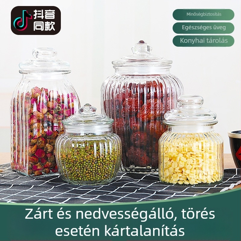 Üveg tárolóedény zárható kupakkal teához, savanyúsághoz, élelmiszerhez és gabonákhoz; csíkos mintával; egyszerű, modern stílus; 650–2000 ml