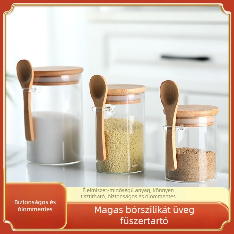Akasztható boroszilikát üveg fűszeres tartó, légmentesen záródó, 500 ml, kanállal és kis füllel