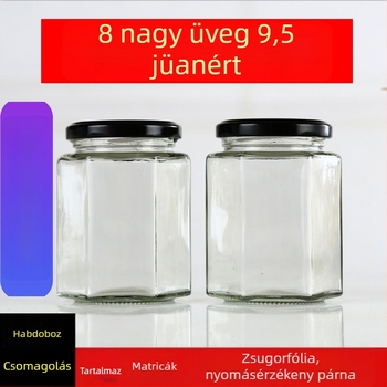 Hatszögletű kis üveg fedéllel, chili-marhahús szósz, méz-citrom paszta — kézzel készített, zárt üveg dzsemhez