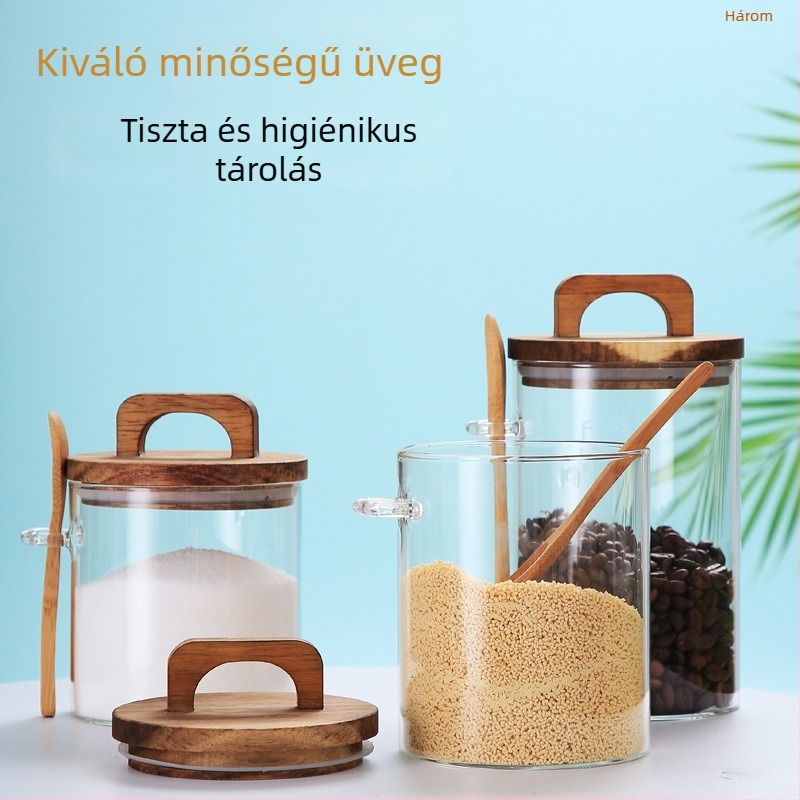 Hőálló üvegből készült lezárható tárolóedény fedővel és akácfa fogantyúval – kör alakú