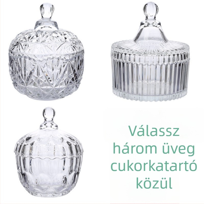 Fedéllel ellátott kristályos üvegből készült cukorkatartó, tároló tál cukorra és aromás gyertya tartó