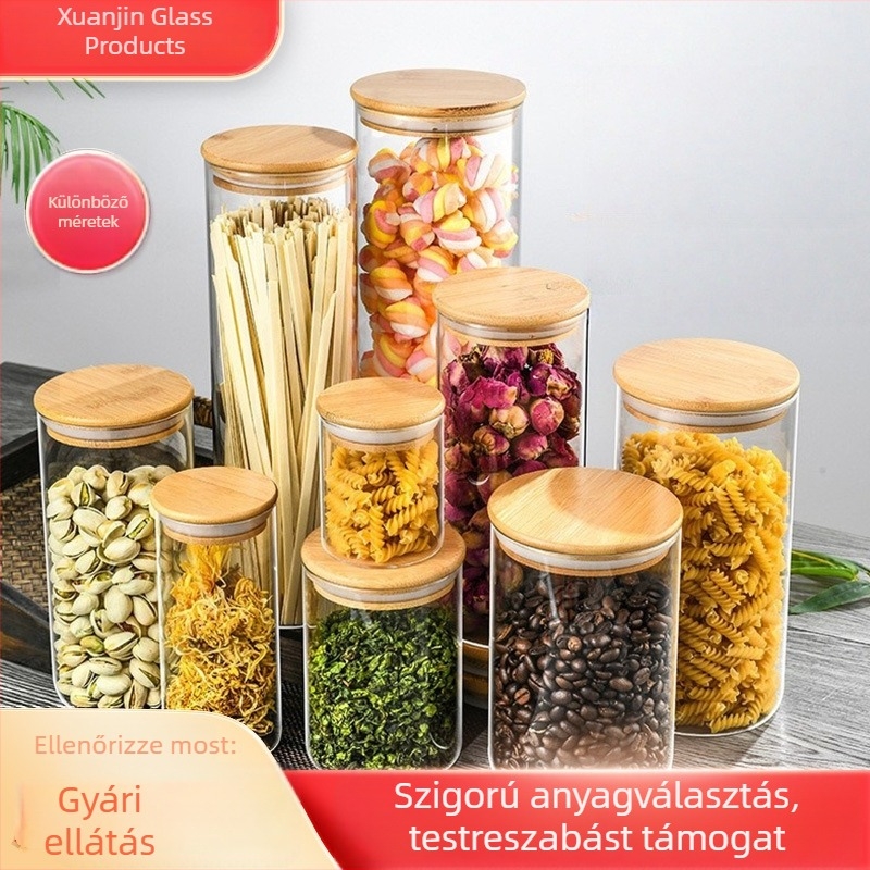 Kerek boroszilikát üveg tároló bambuszfedéllel, átlátszó és légmentes, száraz gyümölcsök és gabonafélék számára, háztartási használatra, kapacitás 301–500 ml