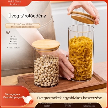 Boroszilikát üvegből készült tárolóedény, széles nyílású, fedéllel zárható, átlátszó tea tárolására