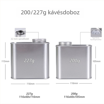 Kávé tároló doboz egyirányú szeleppel, ónfóliából készült fémdoboz csavaros fedéllel, 200 g kapacitás