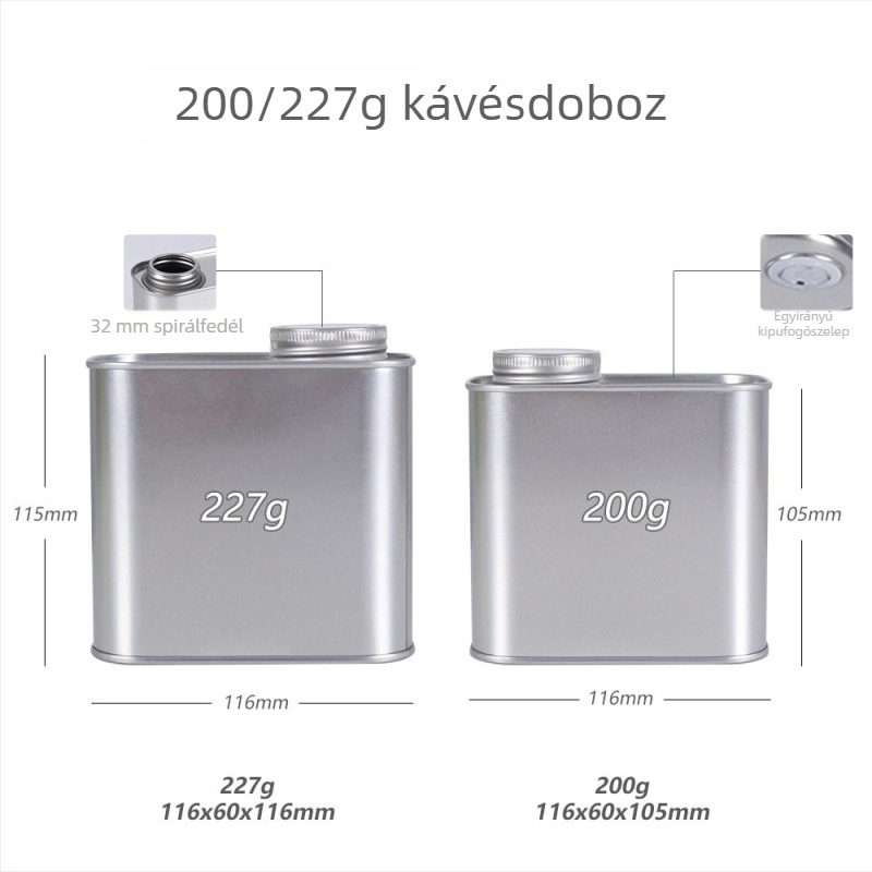 Kávé tároló doboz egyirányú szeleppel, ónfóliából készült fémdoboz csavaros fedéllel, 200 g kapacitás