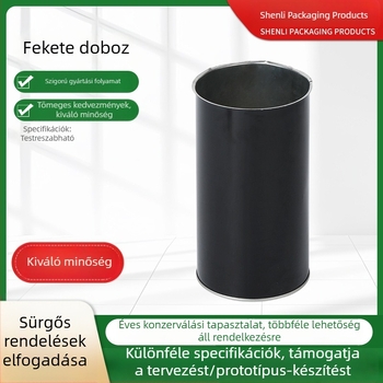 Kerek fekete fémdoboz teához és ajándékhoz, zárt édesség- és tea-tároló