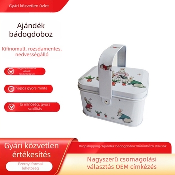 Tinplate kerek doboz fogantyúval, sütemények és édességek számára, fémnyomásos kivitel