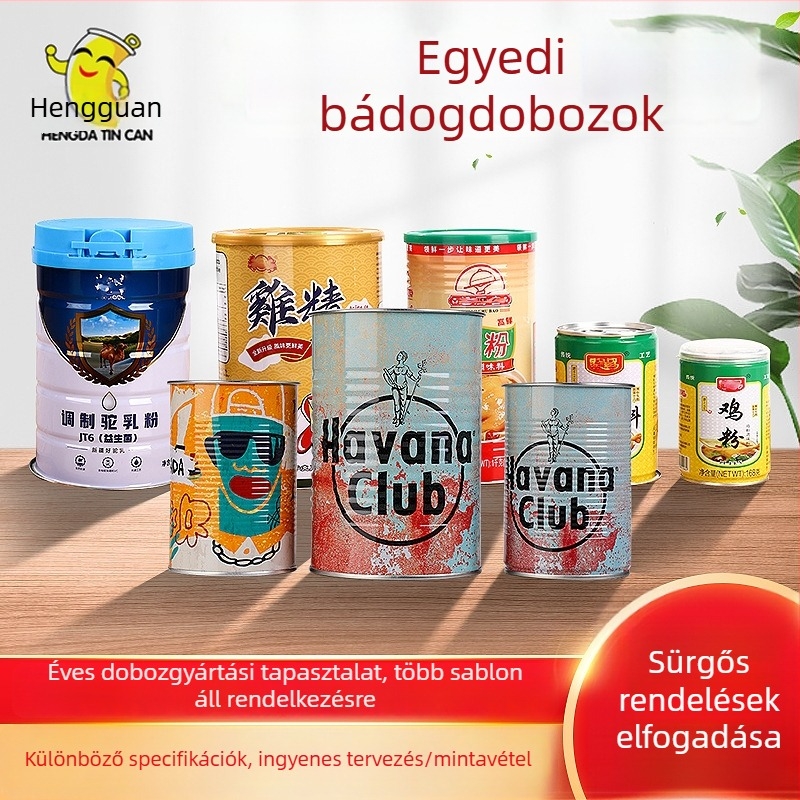Fémdoboz tejporhoz, szárított gyümölcsökhöz és gabonafélékhez, fűszerekhez, tengeri algás nassolnivalókhoz, kerek teás süteményekhez