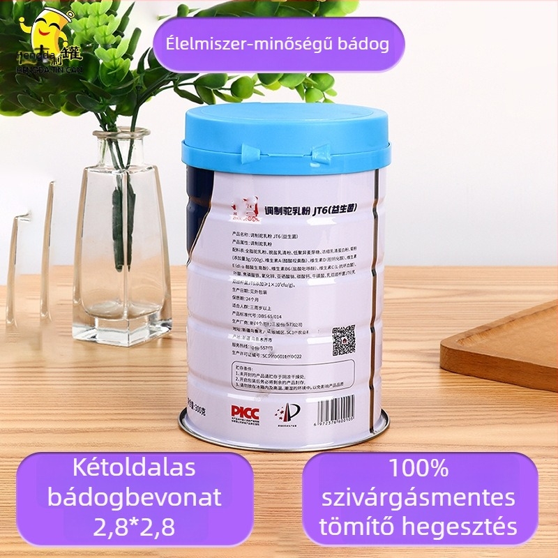 Élelmiszer-minőségű fémdoboz száraz élelmiszerekhez, nagy kapacitású, kerek poros tartály tevetejporhoz, egyedi tervezés