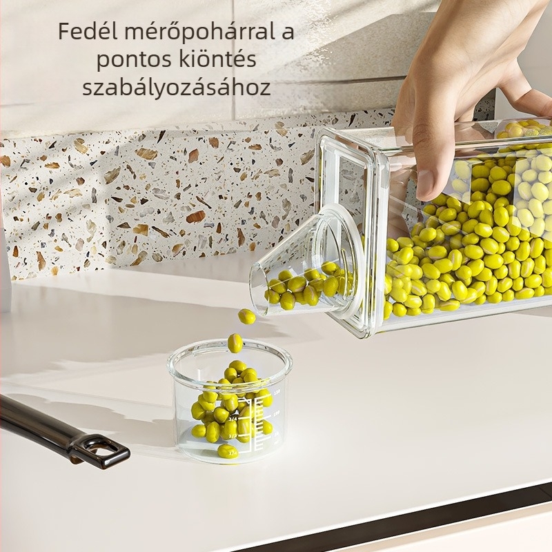Kerek fedelű, zárható gabonatároló műanyag üveg, 1–2 L, élelmiszer-minőségű