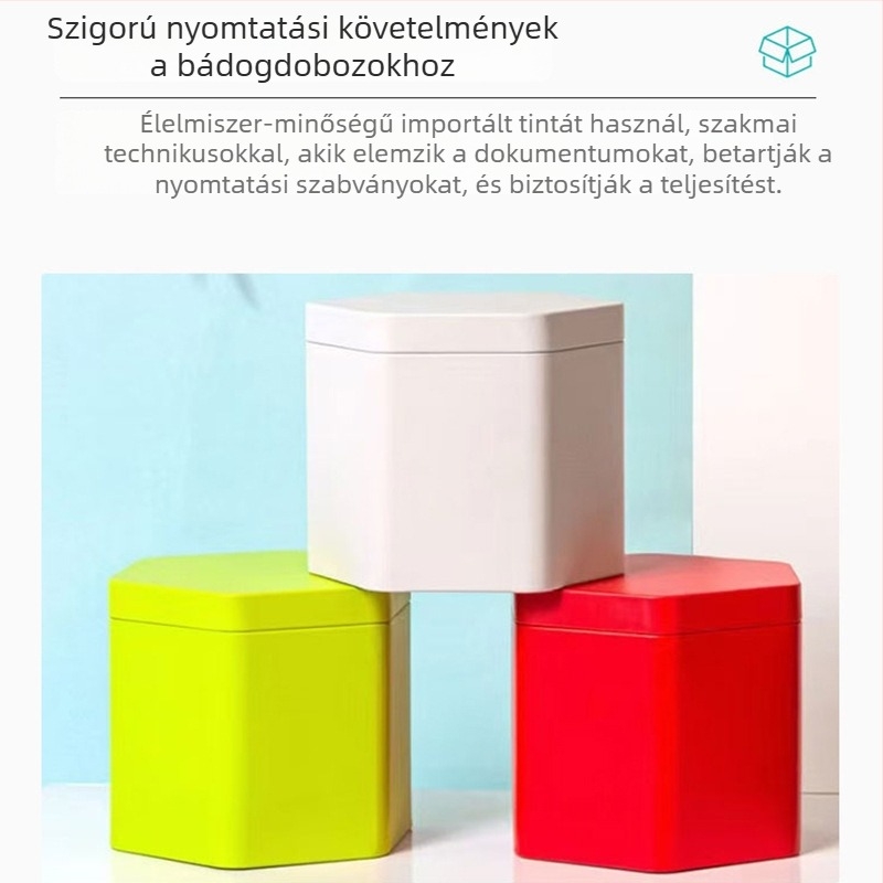 Hatszögletű ónlemez doboz teának és édességeknek, matt felület, testre szabható