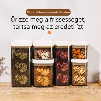Műanyag négyzet alakú vákuumos élelmiszer-tárolóedény, átlátszó, gabonafélék tárolására, nedvesség- és kártevővédett, zárt fedél