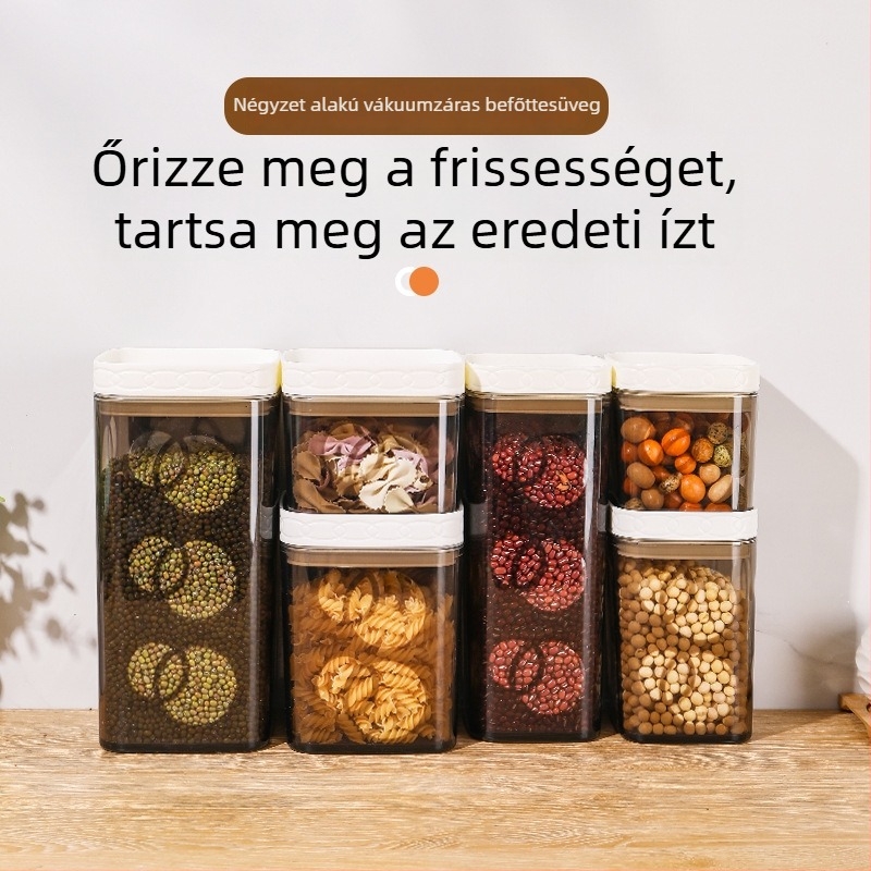 Műanyag négyzet alakú vákuumos élelmiszer-tárolóedény, átlátszó, gabonafélék tárolására, nedvesség- és kártevővédett, zárt fedél
