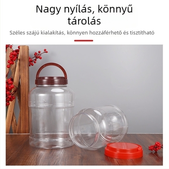 Személyre szabott, zárható, átlátszó műanyag tárolóedény széles nyakkal, mézhez, édességekhez, diófélékhez és nassolnivalókhoz