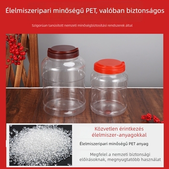 Személyre szabott, zárható, átlátszó műanyag tárolóedény széles nyakkal, mézhez, édességekhez, diófélékhez és nassolnivalókhoz