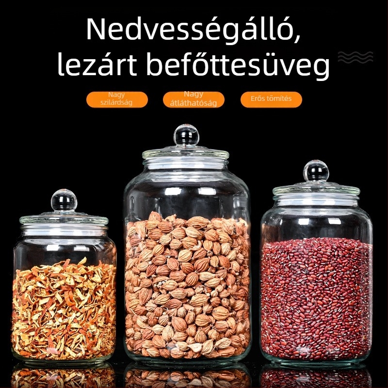 Üveg zárható tárolóedény, 2L/3L/5L kapacitás, kör alakú, megerősített falú, gabonafélékhez, savanyúságokhoz és szószokhoz