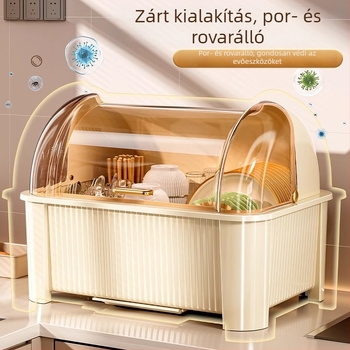 Falihoz rögzíthető edény- és tárolópolc a konyhában, porvédett tároló a tányérokhoz, tálakhoz és evőeszközökhöz