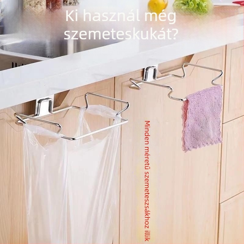 Rozsdamentes acélból készült konyhai szemeteszsák tartó és tároló polc, sokoldalú akasztó a szekrényajtó mögé