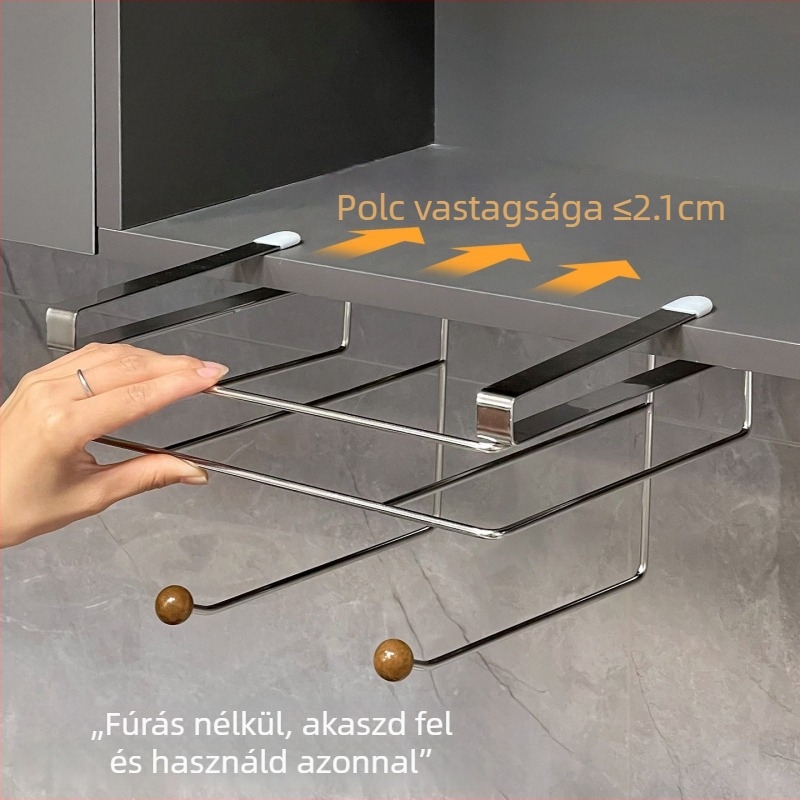 Szekrény alatti függő tároló: fedők tartó, multifunkcionális vágódeszka és dupla rétegű konyhai papírtörlő tartó.