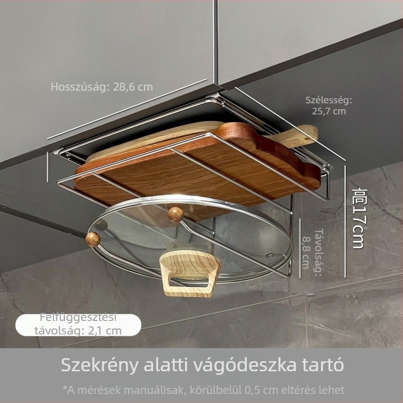 Szekrény alatti függő tároló: fedők tartó, multifunkcionális vágódeszka és dupla rétegű konyhai papírtörlő tartó.