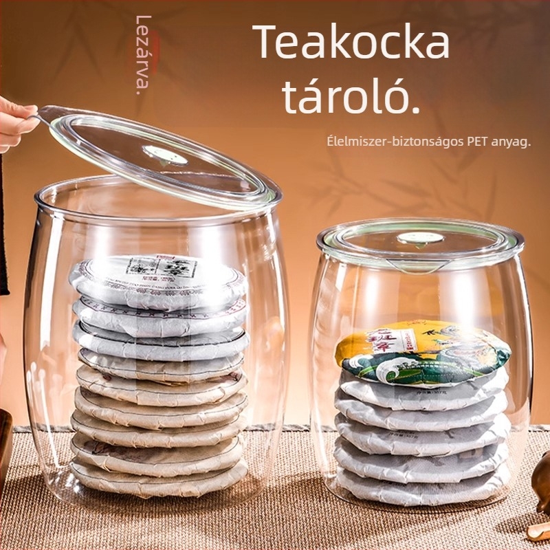 Pu'er teás tároló doboz, átlátszó, zárható, nedvességálló, nagy kapacitású a teakeppek számára (hét darab)