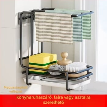 Fali, fúrás nélküli konyhai rongy- és törölközőtartó, szivacsokkal és mosogatórongyokkal, acélgolyó-tárolóval