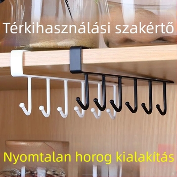 Csavarozás nélküli konyhai akasztó, vasból, szekrény alá szerelhető, hats kampóval a kanálok és spatulák tárolására