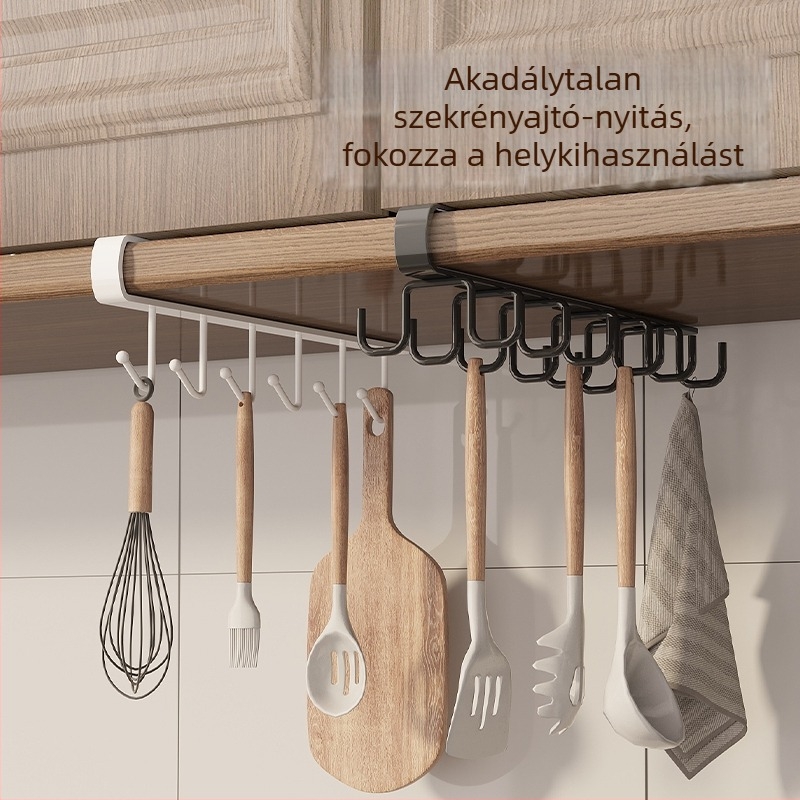 Csavarozás nélküli konyhai akasztó, vasból, szekrény alá szerelhető, hats kampóval a kanálok és spatulák tárolására