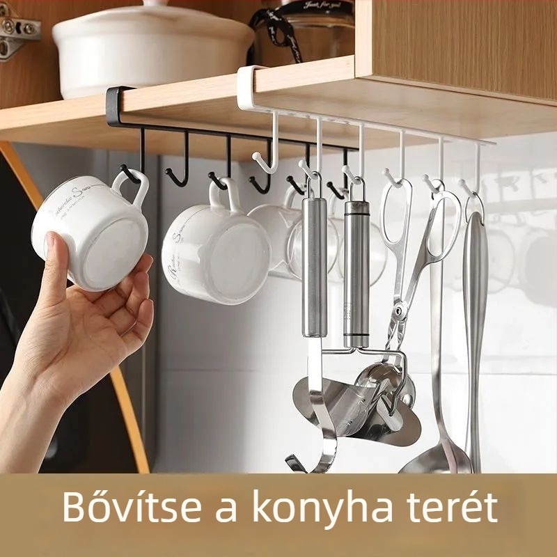Csavarozás nélküli konyhai akasztó, vasból, szekrény alá szerelhető, hats kampóval a kanálok és spatulák tárolására