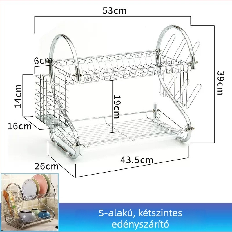 Kétszintes tálállvány vízelvezetéssel, konyhai szárításhoz tálakhoz, tányérokhoz és edényekhez, S‑alakú edényállvány