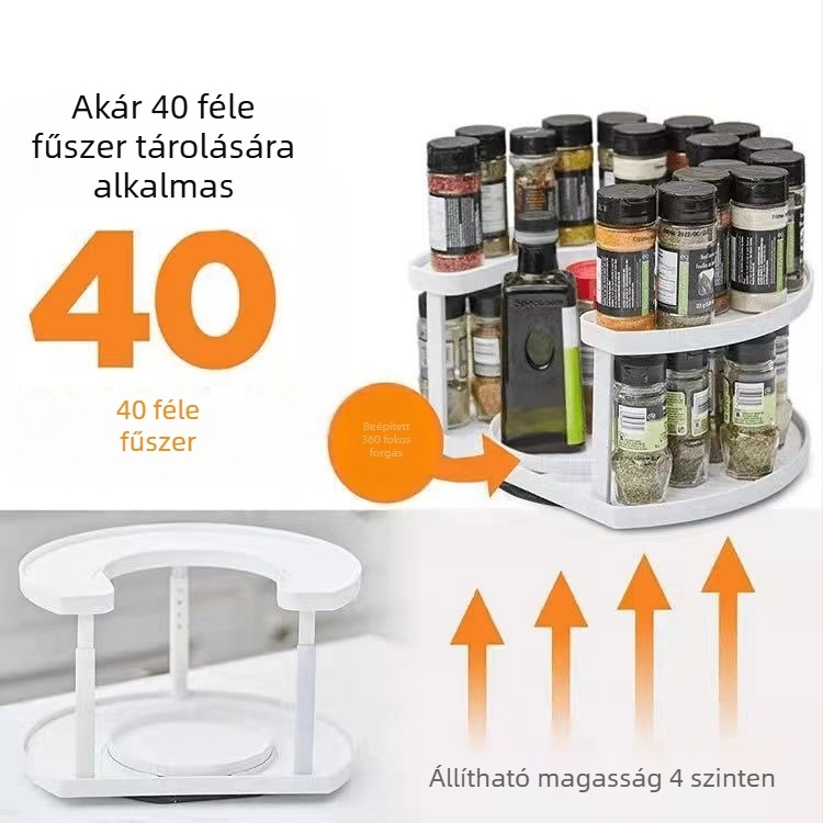 Forgó konyhai tárolópolc fűszerekhez és üvegekhez, multifunkcionális, fúrás nélkül