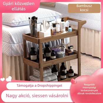 Bambuszból készült szabadon álló, több szintes tároló kocsi, konyhába, fürdőszobába és hálószobába