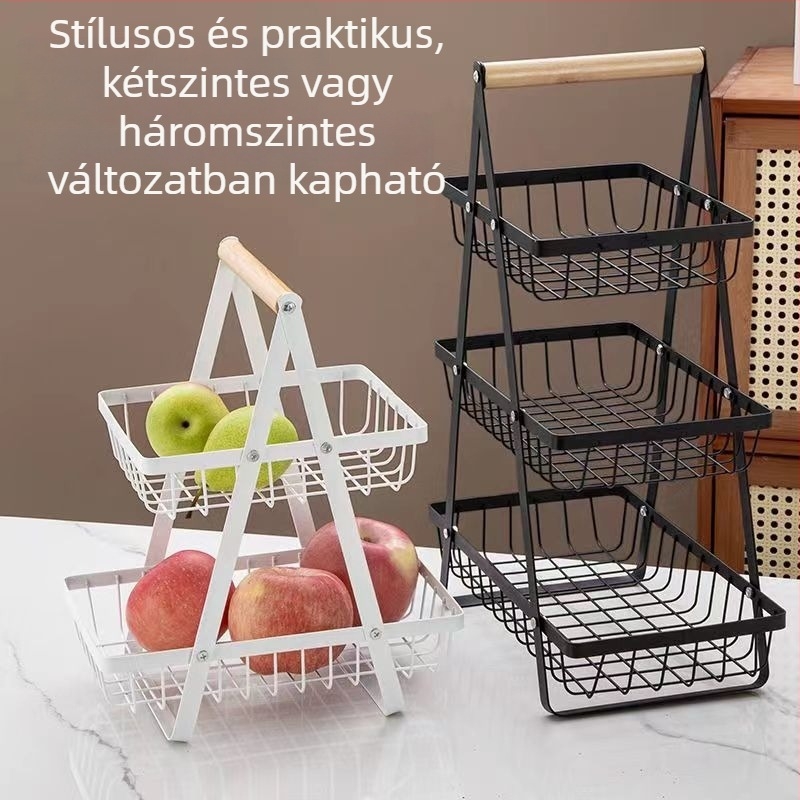 Háromszintes tárolóállvány kovácsoltvas rácsos gyümölcskosárral, nappaliba, tárolás száraz gyümölcsök és nassolnivalók számára, nagy kapacitás