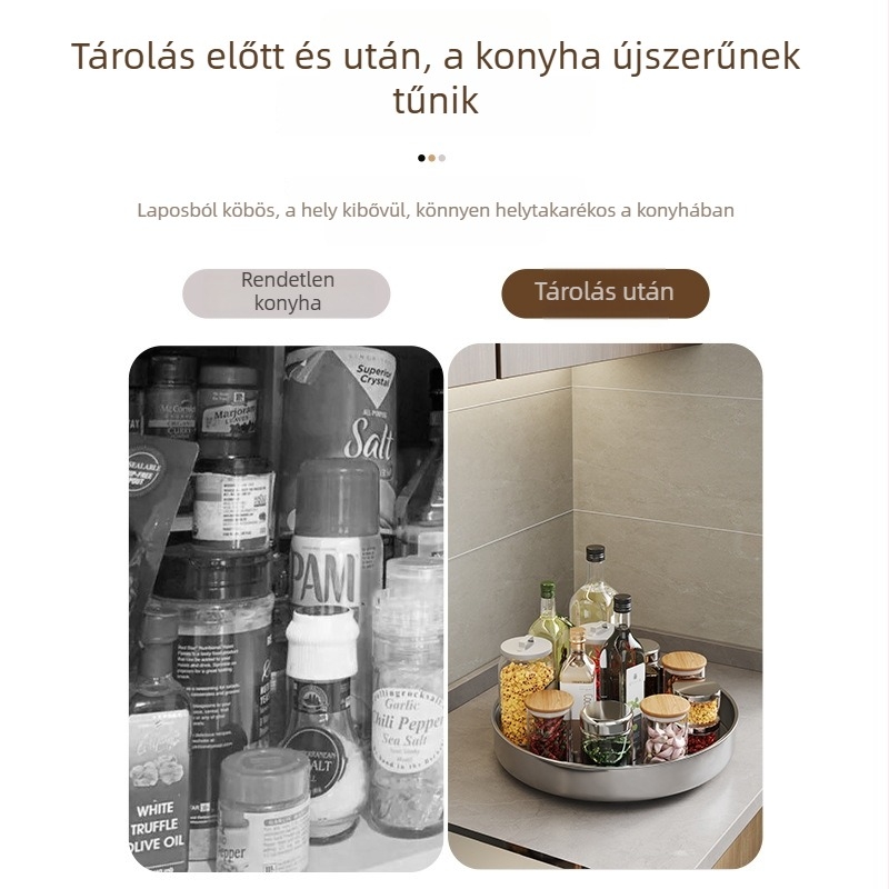 Rozsdamentes acélból készült, két rétegű kerek forgó fűszeres tartó a konyhapult számára – olaj, só, szósz és ecet tárolására.